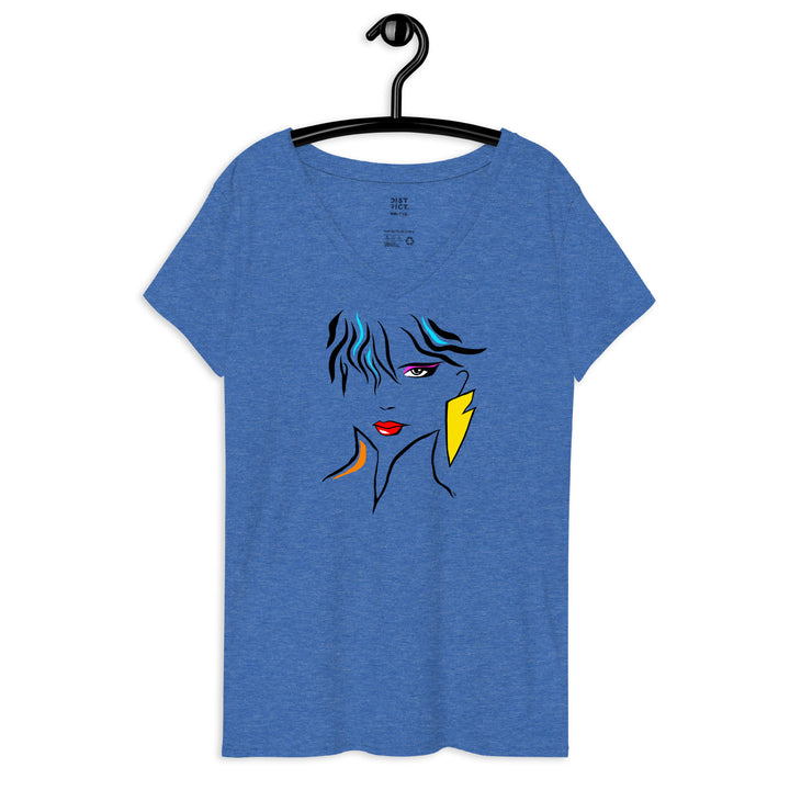 Blue Heather V-Neck Women's T-Shirt, Vintage 80's Fashion, Inspired by Patrick Nagel